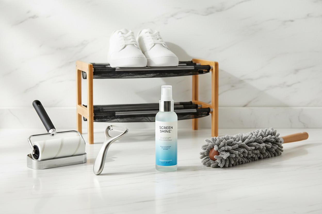 Make an image Mix of products:
Electronic cleaner
Lint remover
Peeler
Shoe rack
Microfiber duster  image must have clean and classiy look and first impressive 